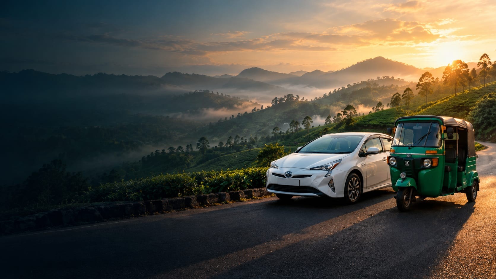 A white Toyota Prius and a green tuk tuk on a misty Sri Lankan hill-country road at golden hour, tea plantations and mountains behind them